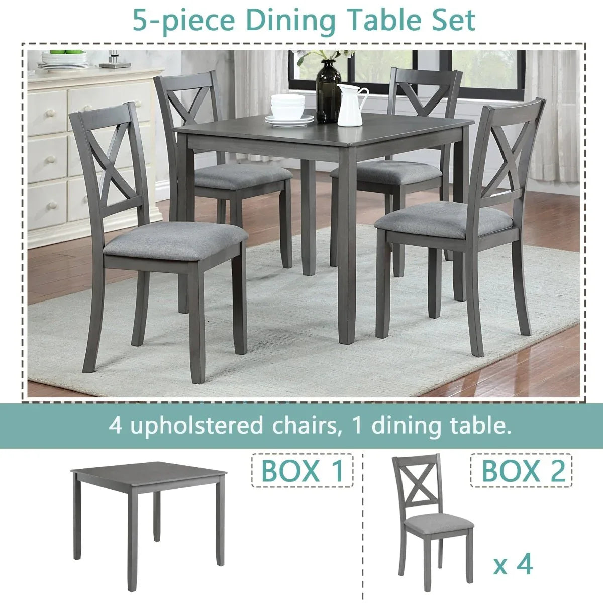5-Piece Modern Solid Wood Grey Dining Table Set - Omega Lifestyles
