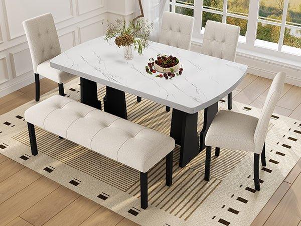 6 Piece Modern Faux Marble Dining Table Set With Bench - Omega Lifestyles