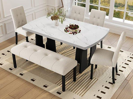 6 Piece Modern Faux Marble Dining Table Set With Bench - Omega Lifestyles