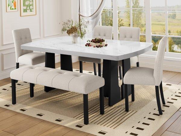 6 Piece Modern Faux Marble Dining Table Set With Bench - Omega Lifestyles