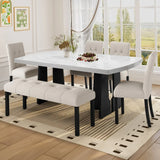 6 Piece Modern Faux Marble Dining Table Set With Bench - Omega Lifestyles