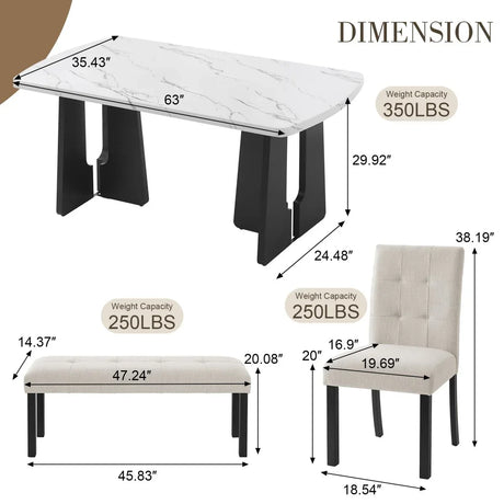 6 Piece Modern Faux Marble Dining Table Set With Bench - Omega Lifestyles