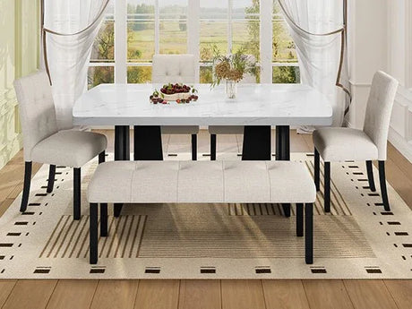 6 Piece Modern Faux Marble Dining Table Set With Bench - Omega Lifestyles