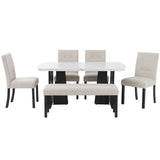 6 Piece Modern Faux Marble Dining Table Set With Bench - Omega Lifestyles