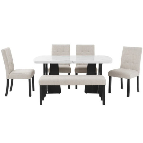 6 Piece Modern Faux Marble Dining Table Set With Bench - Omega Lifestyles