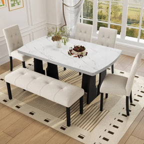 6 Piece Modern Faux Marble Dining Table Set With Bench - Omega Lifestyles