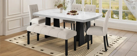 6 Piece Modern Faux Marble Dining Table Set With Bench - Omega Lifestyles