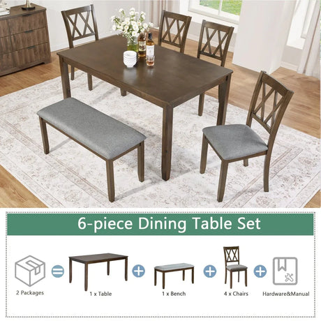 6-Piece Walnut Wooden Dining Table Set With Chairs And Bench - Omega Lifestyles