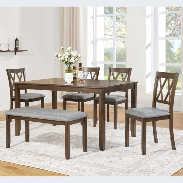 6-Piece Walnut Wooden Dining Table Set With Chairs And Bench - Omega Lifestyles