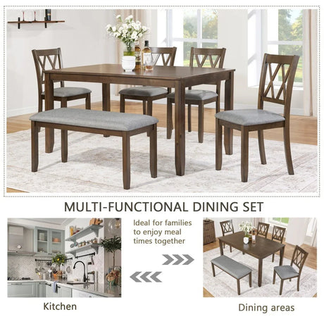 6-Piece Walnut Wooden Dining Table Set With Chairs And Bench - Omega Lifestyles
