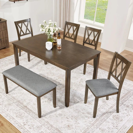 6-Piece Walnut Wooden Dining Table Set With Chairs And Bench - Omega Lifestyles