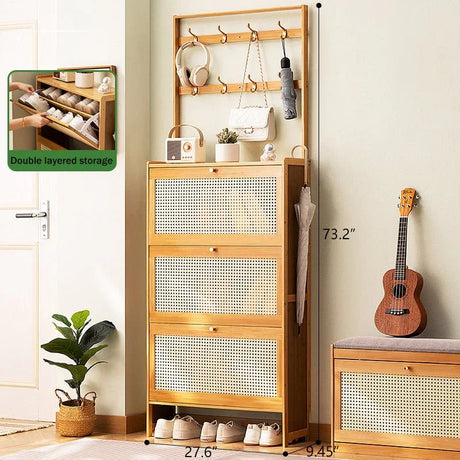 Bamboo Shoe Cabinet With 3 Rattan Flip Drawers - Omega Lifestyles