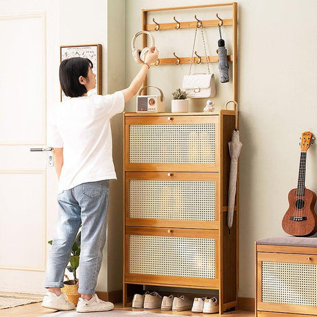 Bamboo Shoe Cabinet With 3 Rattan Flip Drawers - Omega Lifestyles
