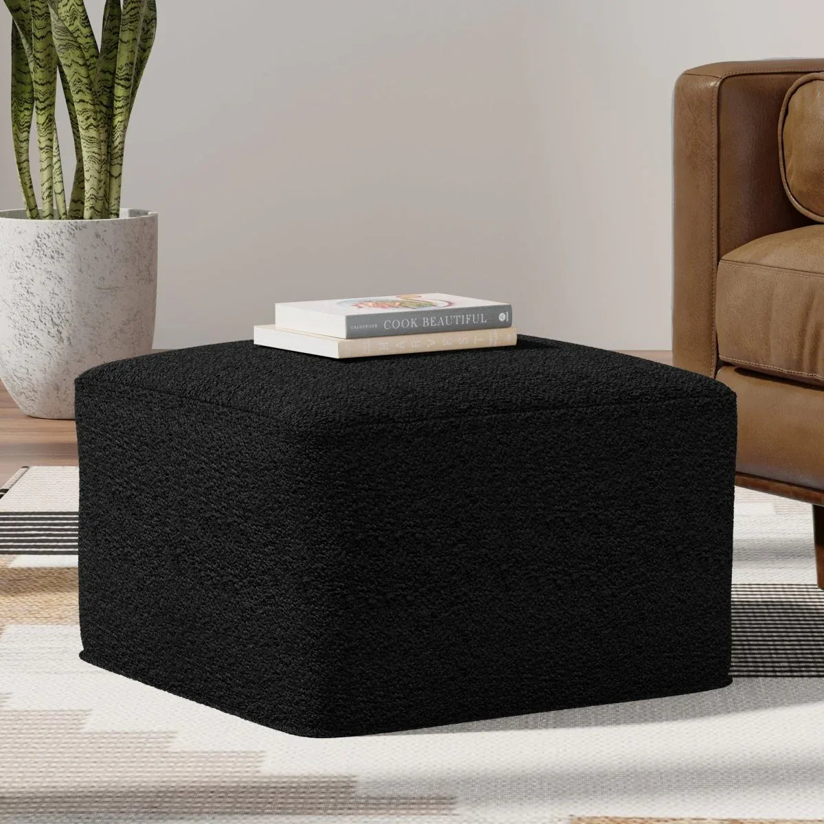 Black Cotton Boucle Square Pouf Ottoman - Omega Lifestyles