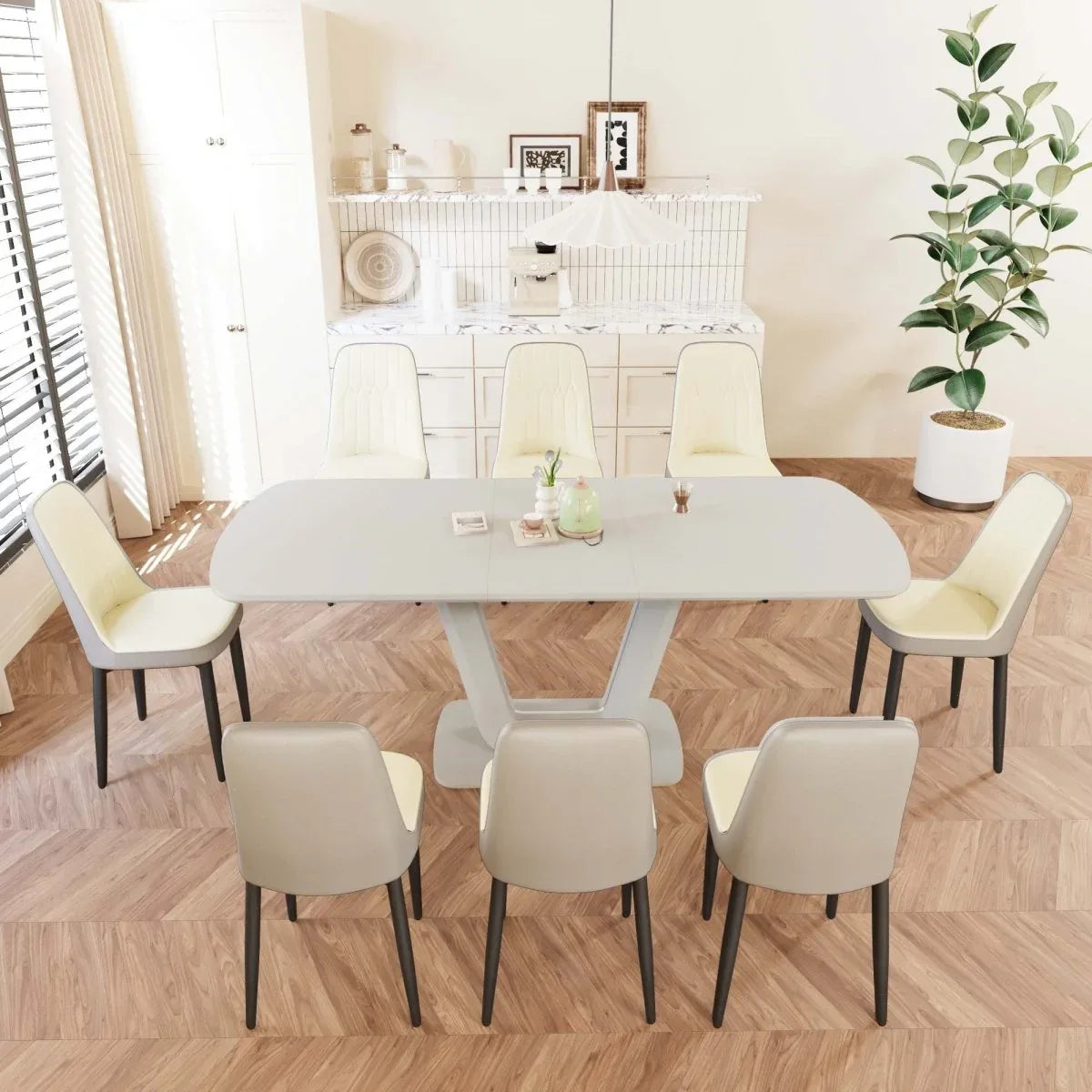 Expandable MDF Dining Table With Eight PU Fabric Chairs Set - Omega Lifestyles