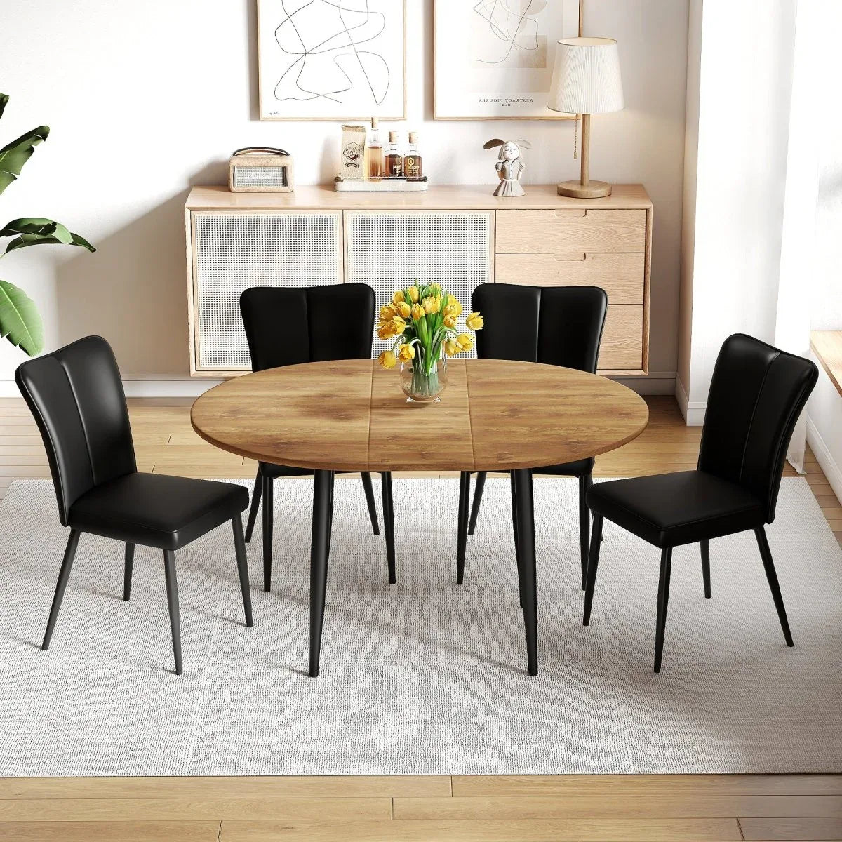 Extendable Round MDF Dining Table With Four PU Chairs - Omega Lifestyles