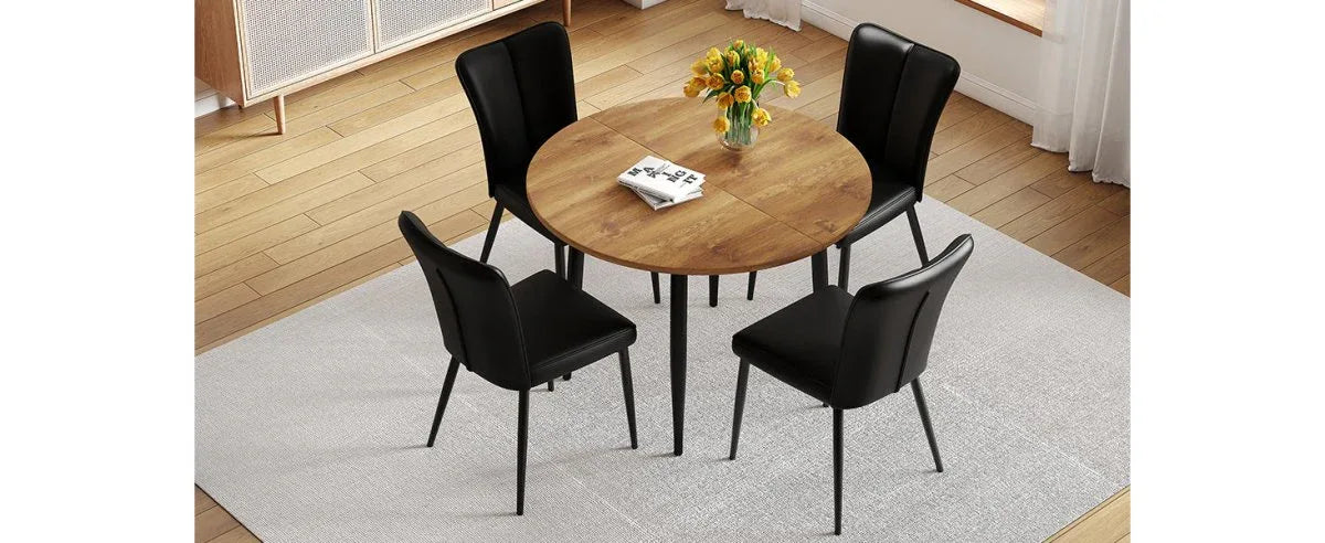 Extendable Round MDF Dining Table With Four PU Chairs - Omega Lifestyles