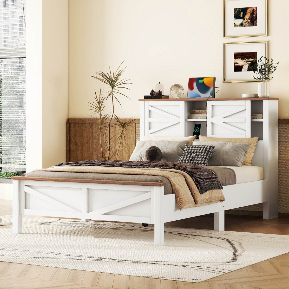 Full Platform Bed With Sliding Barn Door Storage And Charging Station - Restanew - Omega Lifestyles