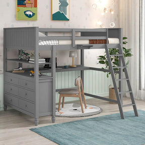 Full Size Gray Solid Wood Loft Bed With Desk and Drawers - Omega Lifestyles