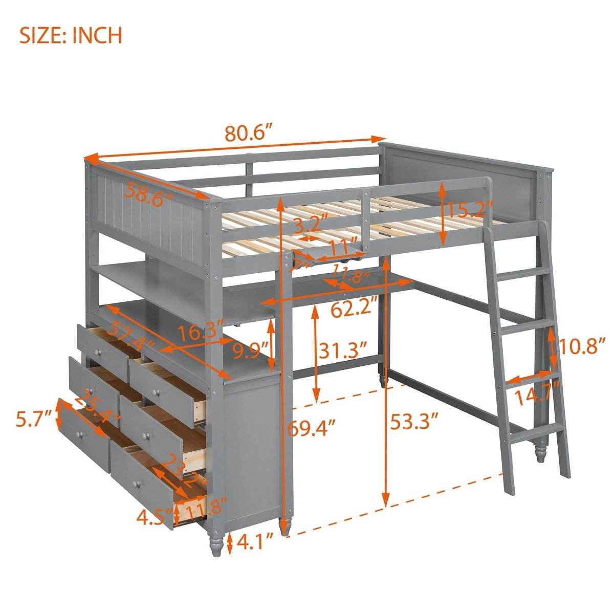 Full Size Gray Solid Wood Loft Bed With Desk and Drawers - Sleep Galleria