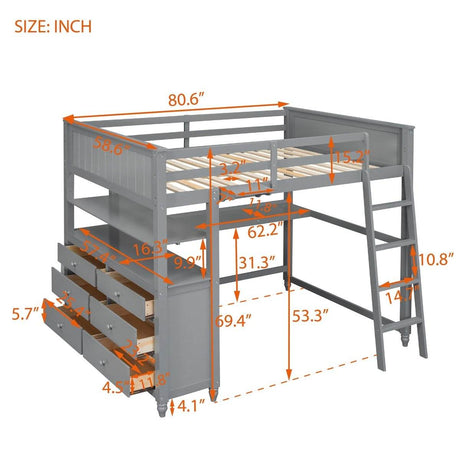Full Size Gray Solid Wood Loft Bed With Desk and Drawers - Sleep Galleria