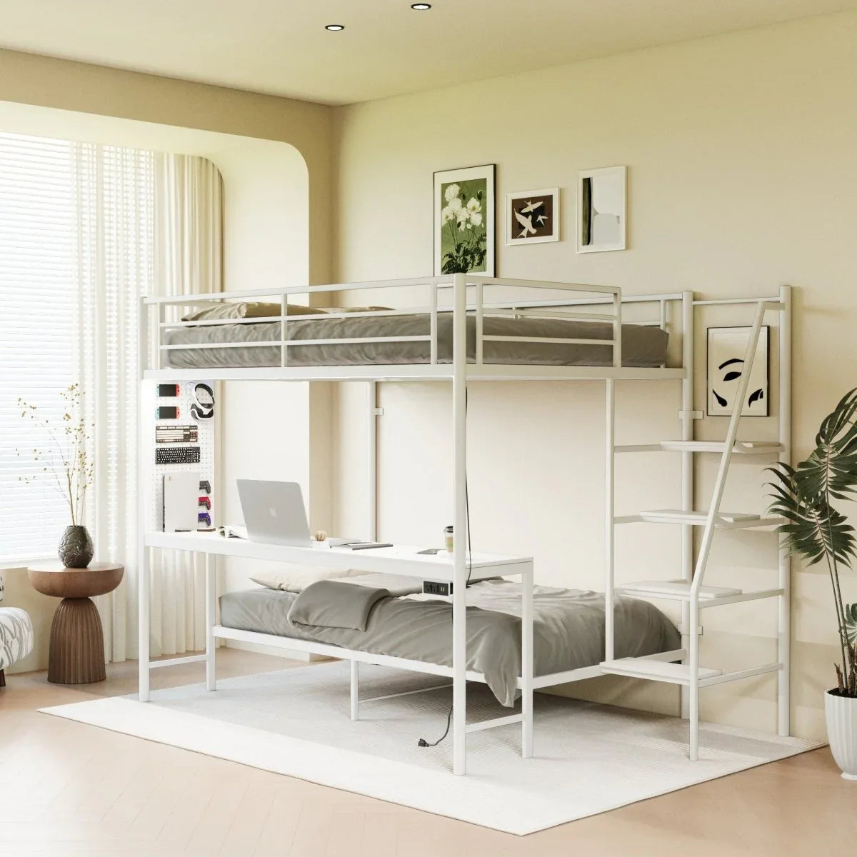 Full Size Metal Wood Bunk Bed With LED Lights And Desk - Omega Lifestyles
