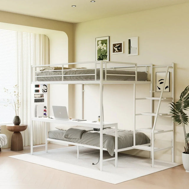 Full Size Metal Wood Bunk Bed With LED Lights And Desk - Omega Lifestyles
