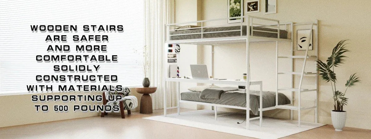 Full Size Metal Wood Bunk Bed With LED Lights And Desk - Omega Lifestyles