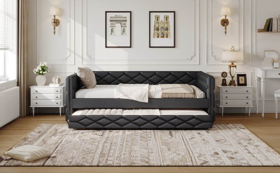 Full XL Upholstered Daybed With Trundle And LED Lighting - Restanew - Omega Lifestyles