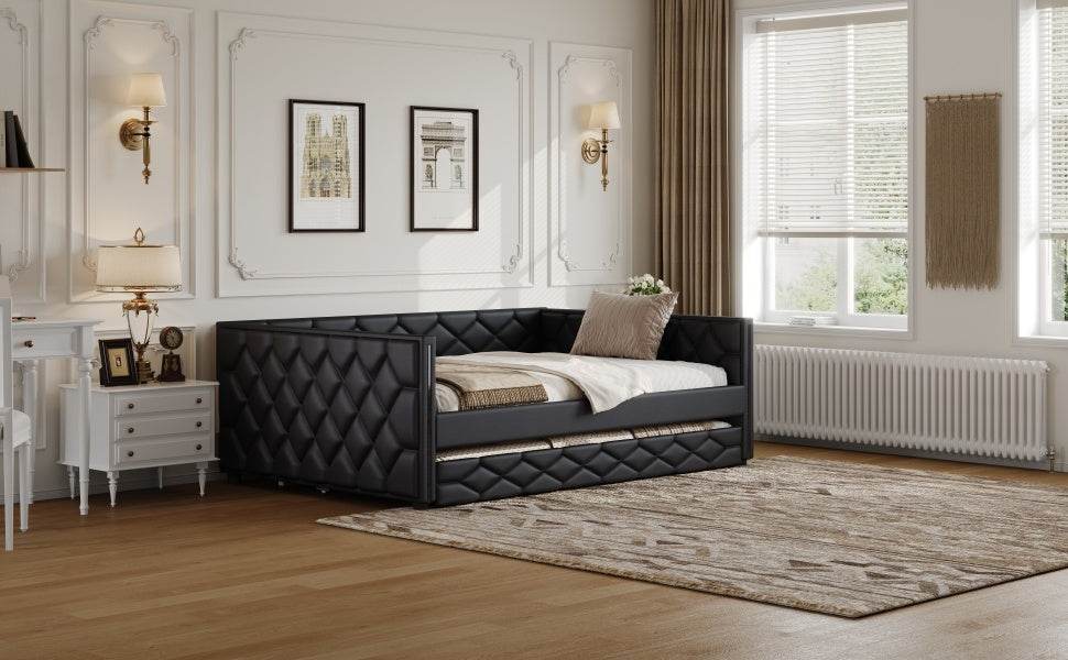 Full XL Upholstered Daybed With Trundle And LED Lighting - Restanew - Omega Lifestyles