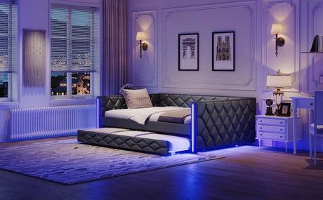 Full XL Upholstered Daybed With Trundle And LED Lighting - Restanew - Omega Lifestyles