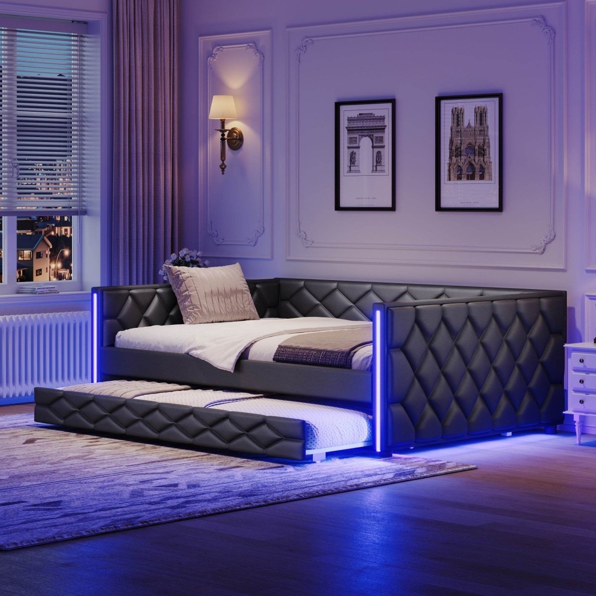 Full XL Upholstered Daybed With Trundle And LED Lighting - Restanew - Omega Lifestyles
