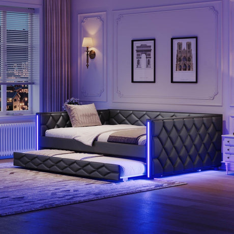 Full XL Upholstered Daybed With Trundle And LED Lighting - Restanew - Omega Lifestyles