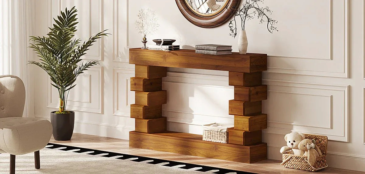 Geometric Block Stacked Wood Rectangular Console Table - Omega Lifestyles