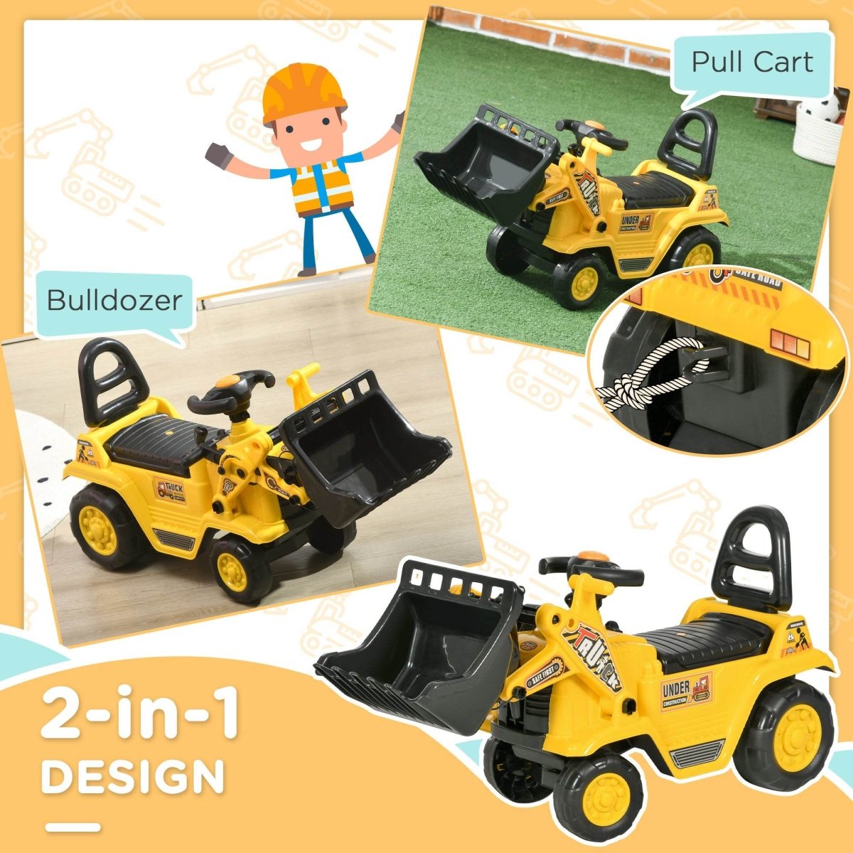 Kids 2 - in - 1 Ride On Excavator Bulldozer With Storage - Restanew - Omega Lifestyles