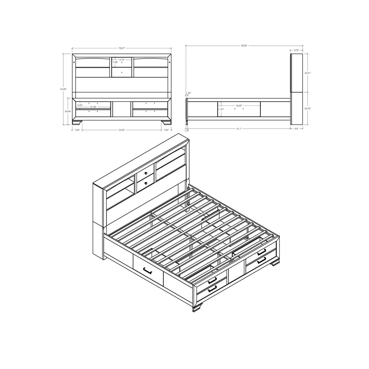 King Modern Gray Solid Wood Bookcase Bed Frame With Storage Drawers - Restanew - Omega Lifestyles