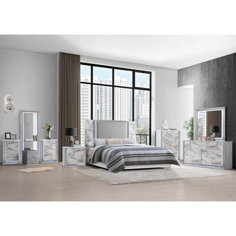 King Modern White Marble Wood Panel Bed Frame With LED Lighting - Restanew - Omega Lifestyles
