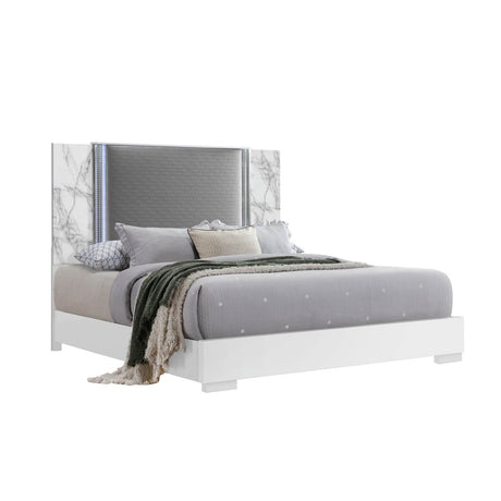 King Modern White Marble Wood Panel Bed Frame With LED Lighting - Restanew - Omega Lifestyles