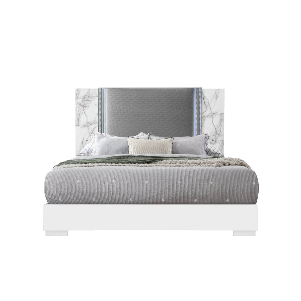 King Modern White Marble Wood Panel Bed Frame With LED Lighting - Restanew - Omega Lifestyles
