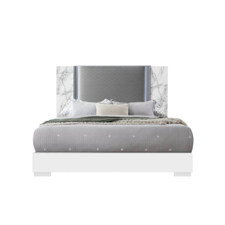 King Modern White Marble Wood Panel Bed Frame With LED Lighting - Restanew - Omega Lifestyles