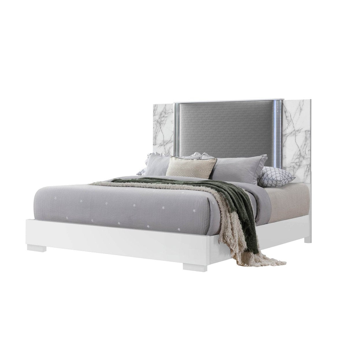 King Modern White Marble Wood Panel Bed Frame With LED Lighting - Restanew - Omega Lifestyles