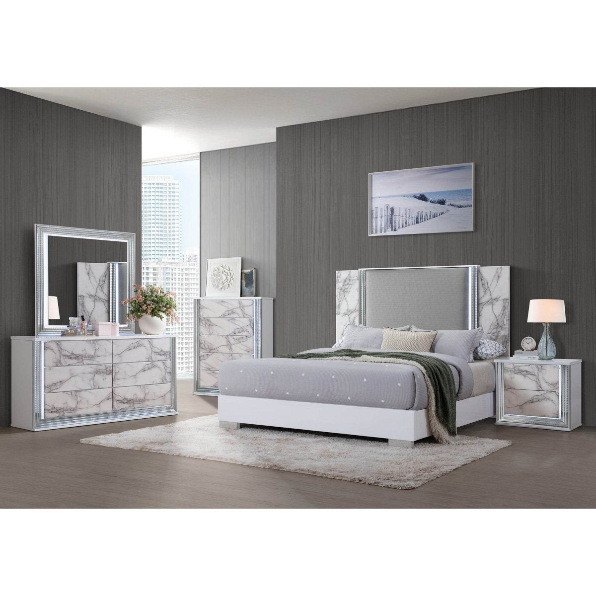 King Modern White Marble Wood Panel Bed Frame With LED Lighting - Restanew - Omega Lifestyles