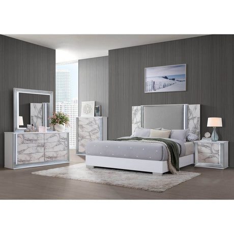 King Modern White Marble Wood Panel Bed Frame With LED Lighting - Restanew - Omega Lifestyles