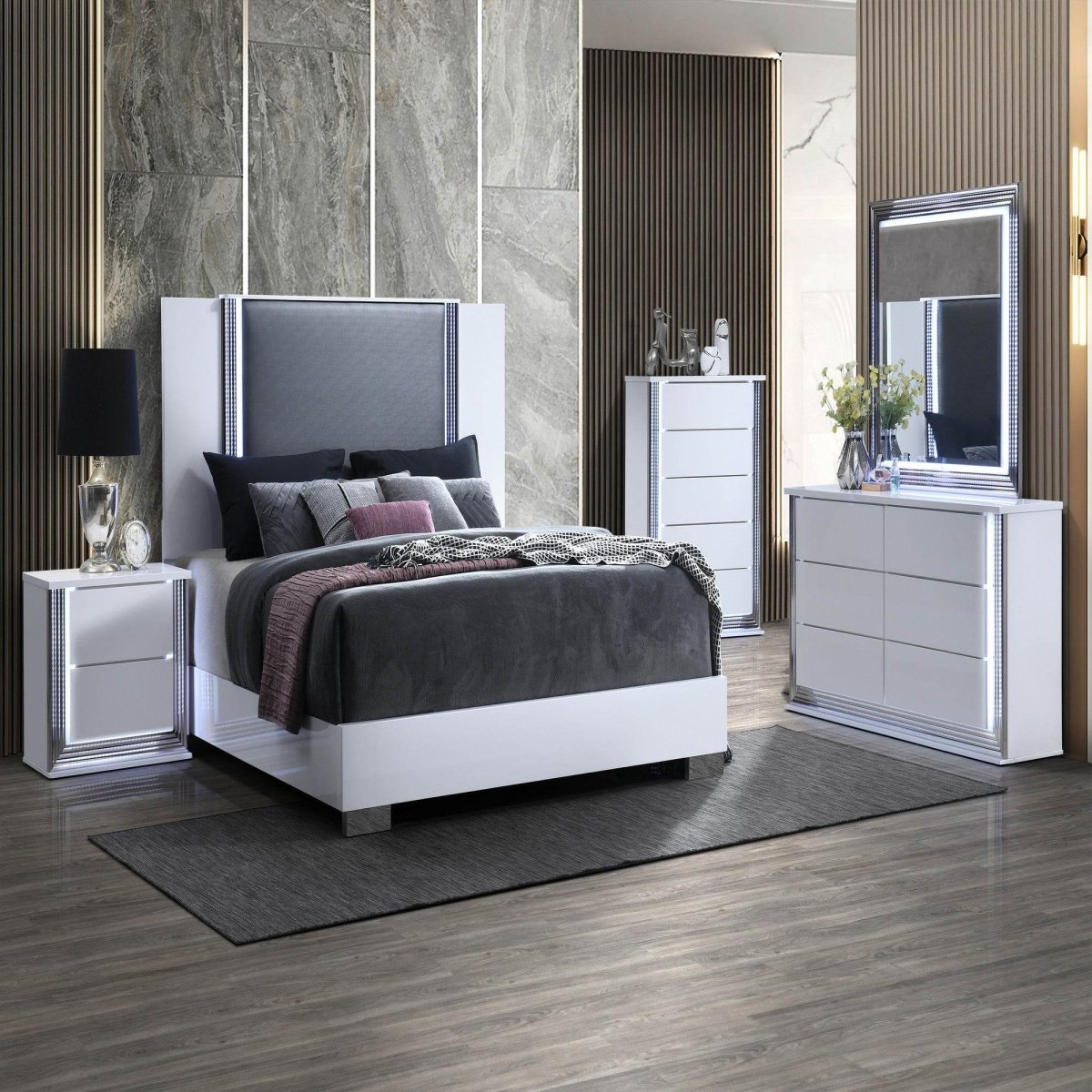King White Solid Wood Panel Bed Frame With LED Lighting - Restanew - Omega Lifestyles