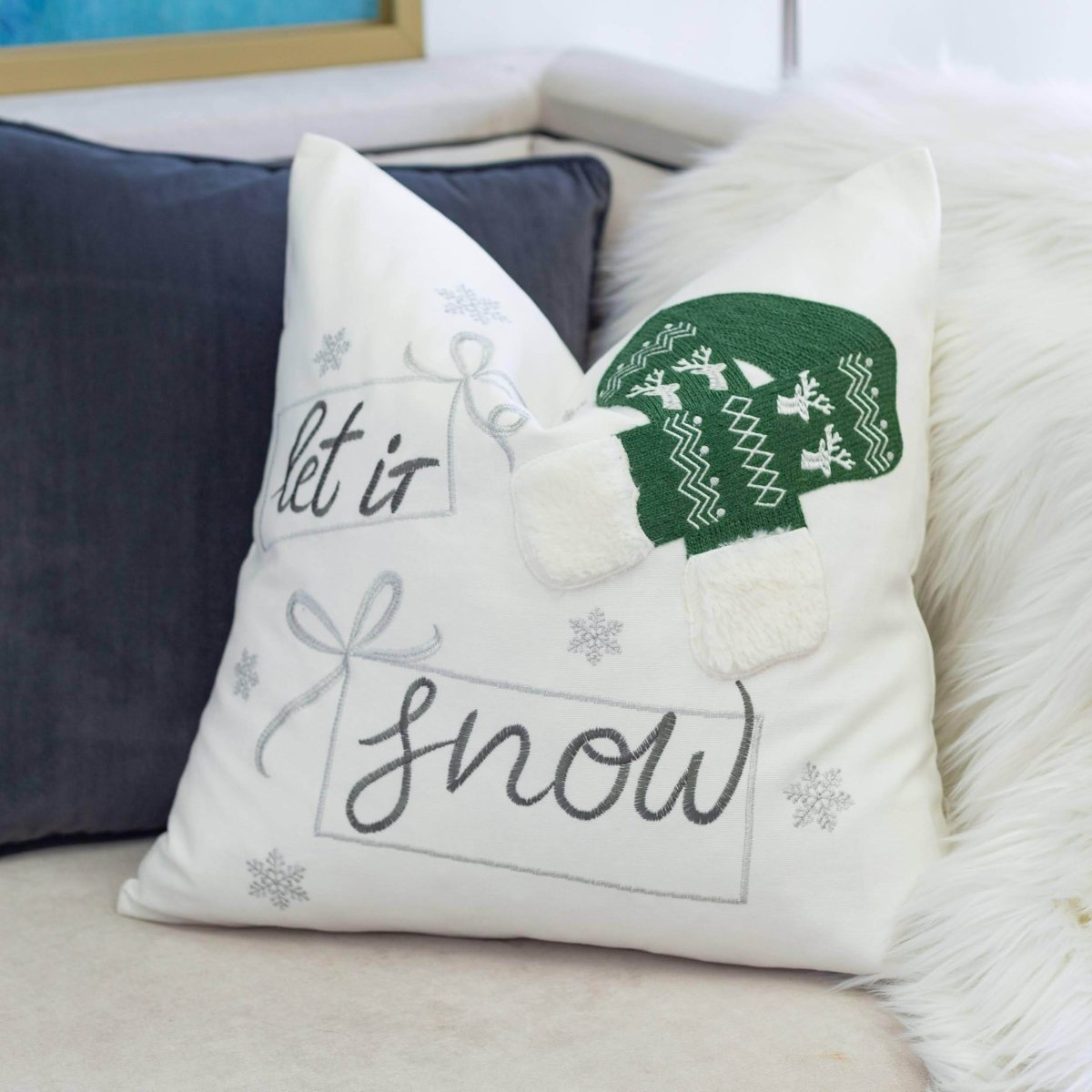 Let It Snow Embroidered 20x20 Inch Cotton Throw Pillow - Restanew - Omega Lifestyles