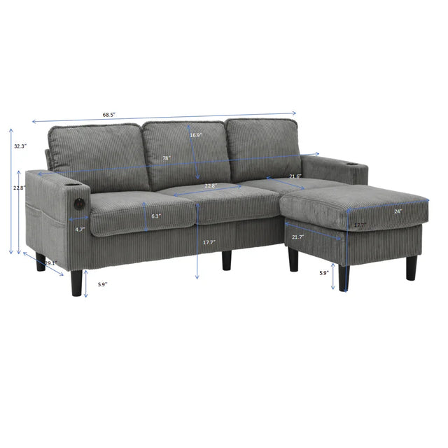 Light Grey Upholstered 3-Seat Sofa With Storage Ottoman - Omega Lifestyles