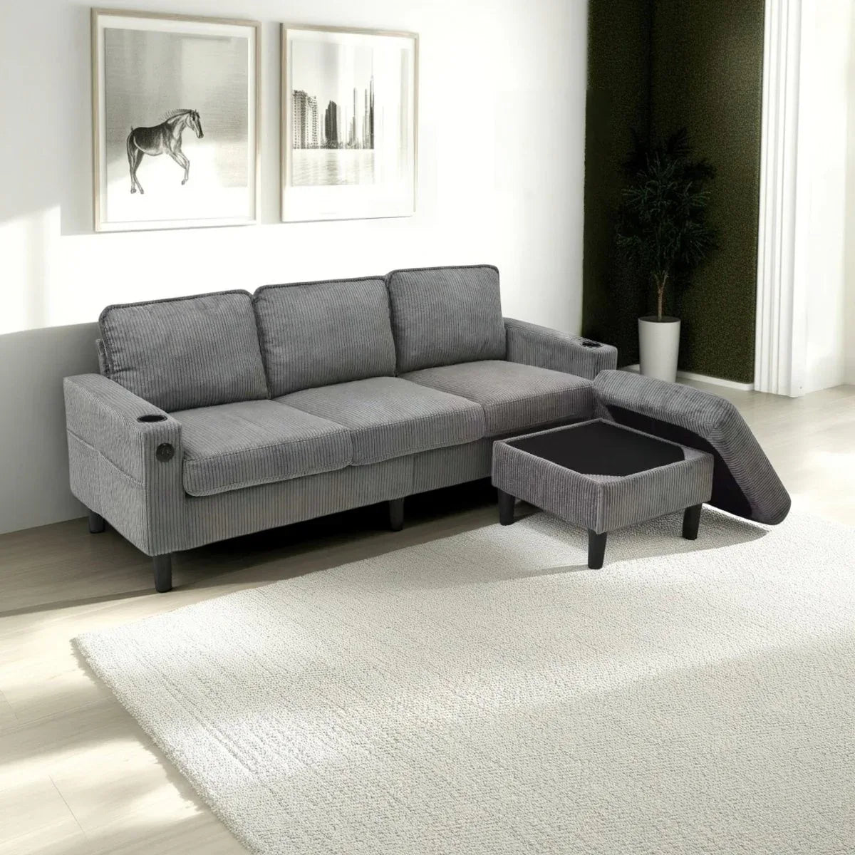 Light Grey Upholstered 3-Seat Sofa With Storage Ottoman - Omega Lifestyles