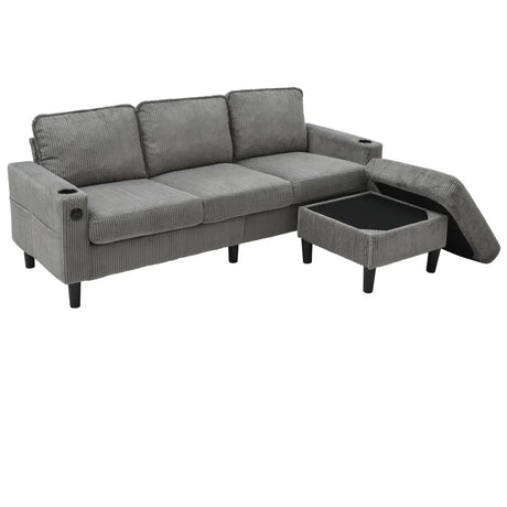 Light Grey Upholstered 3-Seat Sofa With Storage Ottoman - Omega Lifestyles