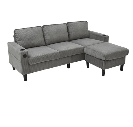 Light Grey Upholstered 3-Seat Sofa With Storage Ottoman - Omega Lifestyles