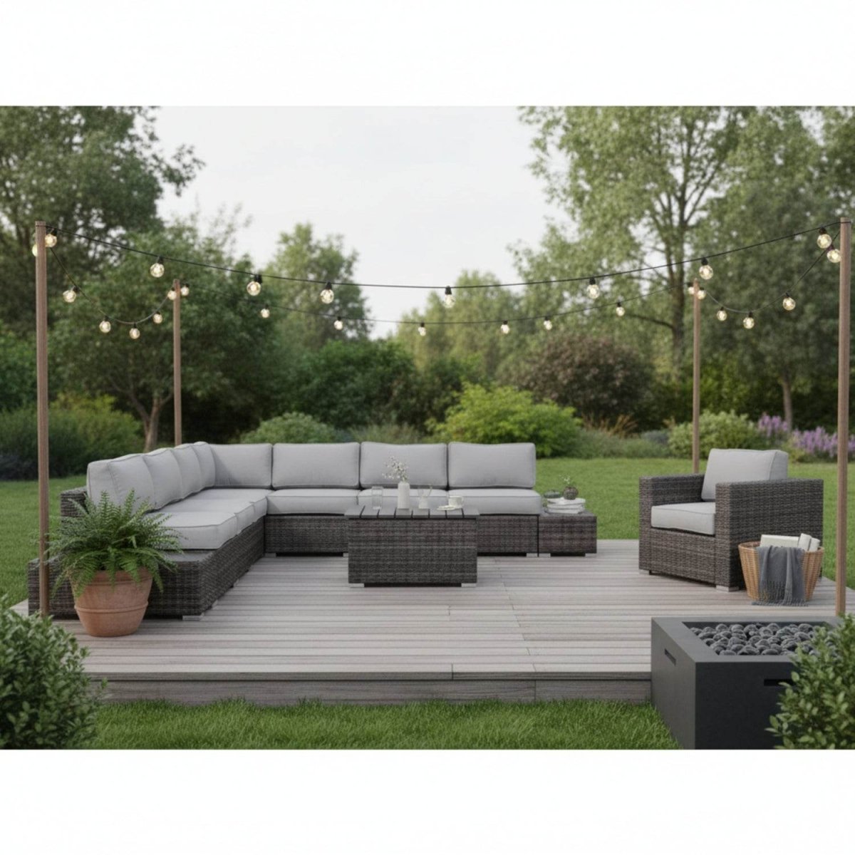 Modern Brown Wicker Patio Seating Group for 7 with Plush Cushions – Fully Assembled, Gray & Brown - Restanew - Omega Lifestyles